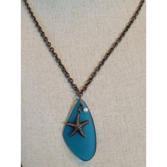 Large Deep Teal Sea Glass Starfish & Faux Pearl Pendant Necklace Ocean Jewelry - Picture 4 of 6